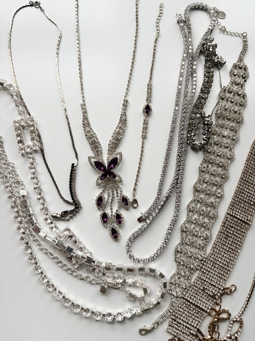 Rhinestone Jewelry Lot Silver Necklaces Mixed Bundle Tennis Bracelets Costume